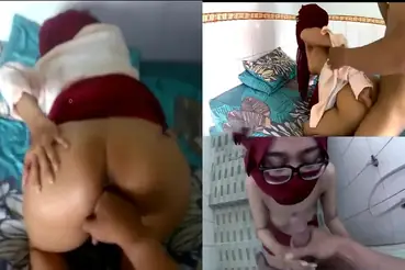 Jilbab Merah Kacamata Ngentot Doggystyle Brutal Memek Banjir